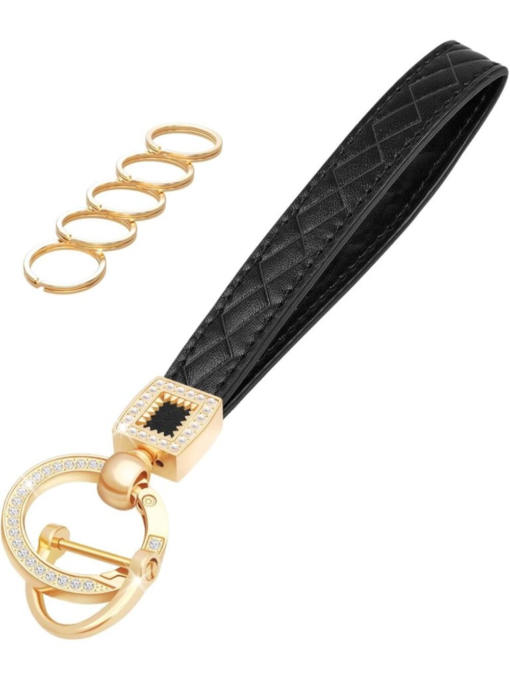 Women's Black Car Keys loop Cross-hatched Key Holder Leather Wristlet Keychain